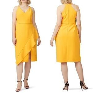 HARLYN Asymmetrical Ruffle Sleeveless V-Neck Yellow‎ Crepe Sheath Midi Dress L